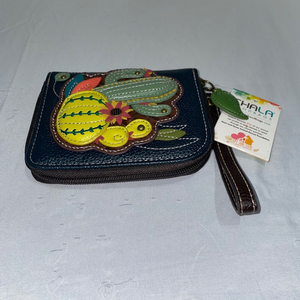 Chala Handbags‎ Cactus Garden Zip Around Wallet Navy Blue Vegan Leather Wristlet